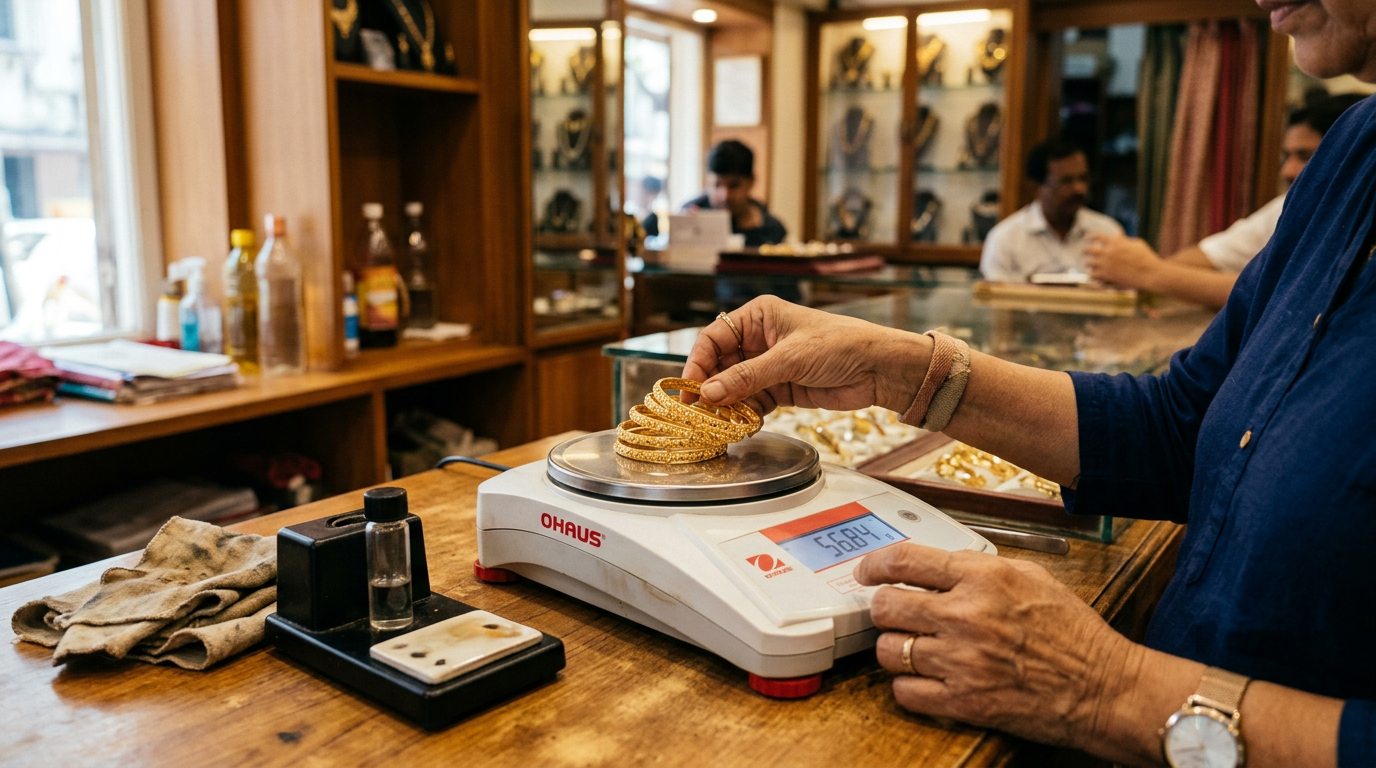 Gold jewellery being weighed transparently on a digital scale